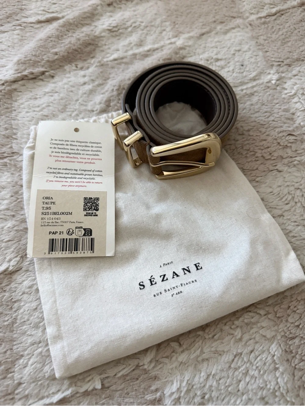 Sezane Oria Belt in taupe with gold buckle